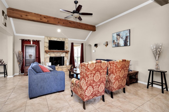 living room featuring light tile patterned floors, lofted ceiling with beams, a stone fireplace, and ceiling fan