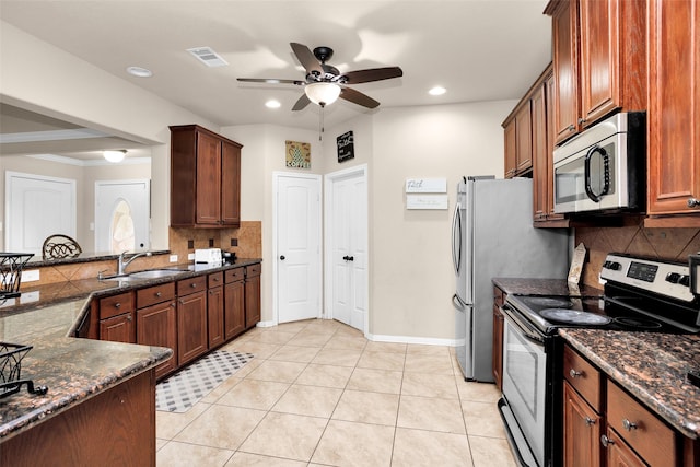 kitchen featuring backsplash, sink, stainless steel appliances, and dark stone counters