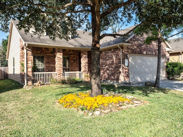 view of front of property with a porch, a garage, and a front lawn