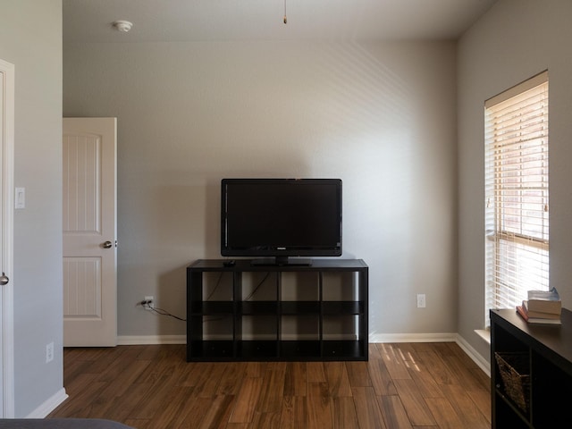 living room with dark hardwood / wood-style flooring