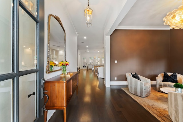 entrance foyer with a chandelier, dark hardwood / wood-style floors, and ornamental molding