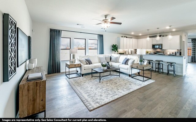 living room featuring ceiling fan and wood-type flooring