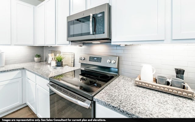 kitchen featuring light stone countertops, stainless steel appliances, and white cabinetry