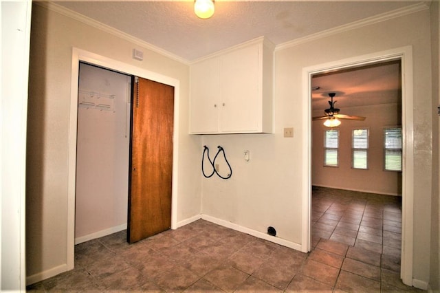 laundry area featuring electric dryer hookup, ceiling fan, crown molding, and hookup for a washing machine