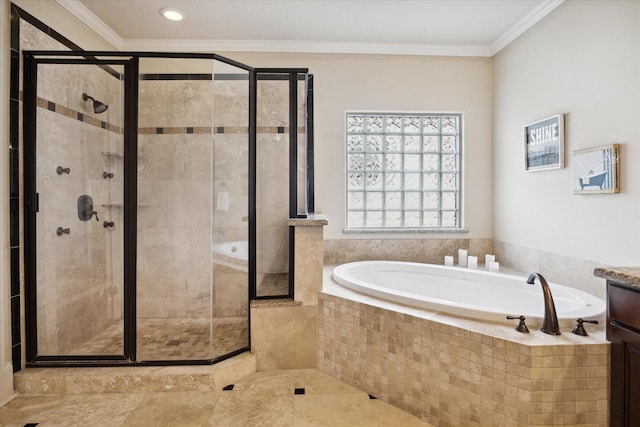 bathroom with vanity, shower with separate bathtub, and crown molding