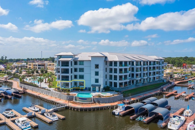 exterior space with a water view