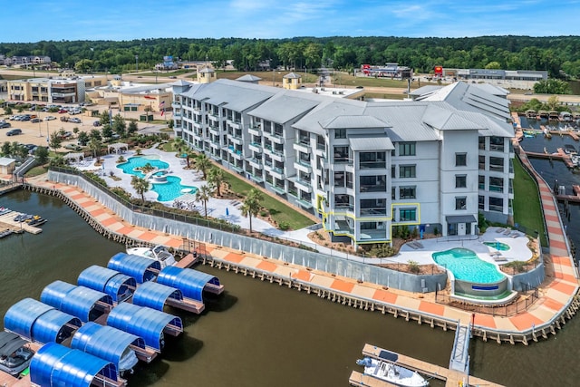 bird's eye view with a water view