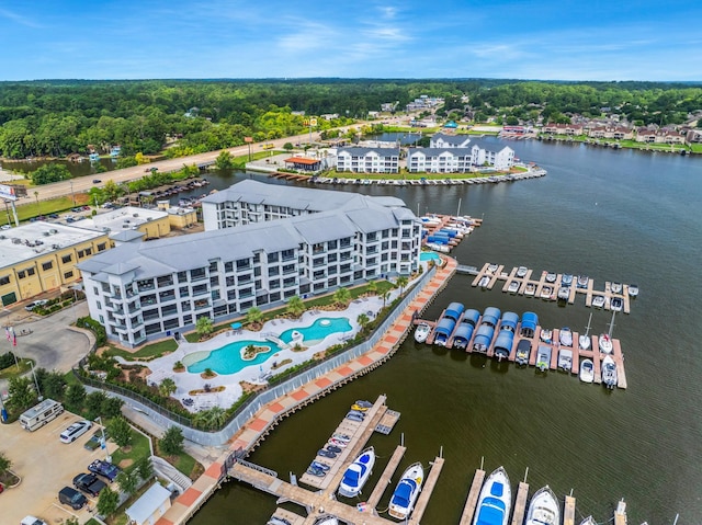 bird's eye view with a water view