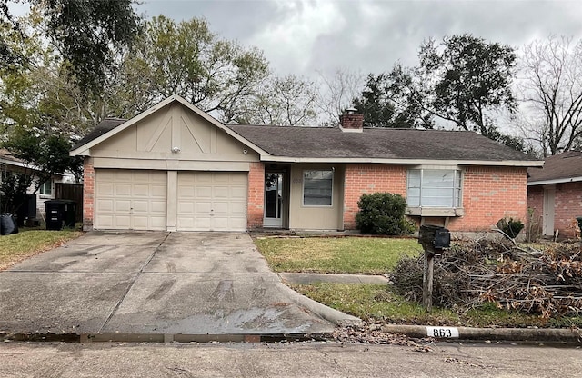 ranch-style house with a garage and a front lawn