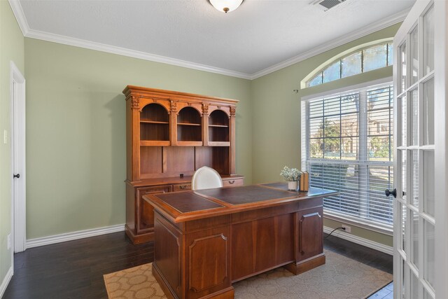 office space featuring french doors, crown molding, and dark wood-type flooring