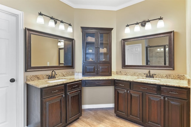 bathroom with wood-type flooring, vanity, and crown molding