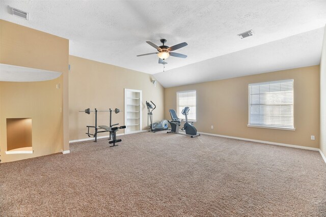 exercise area featuring a textured ceiling, ceiling fan, carpet floors, and vaulted ceiling