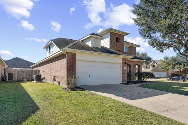 view of property exterior with cooling unit, a yard, and a garage