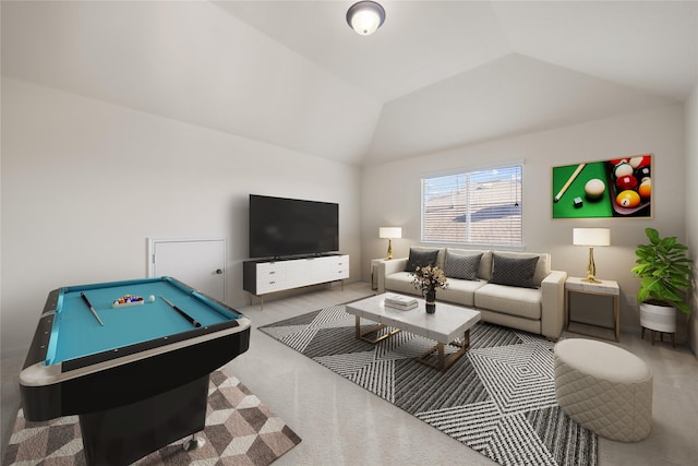 rec room with carpet floors, pool table, and vaulted ceiling