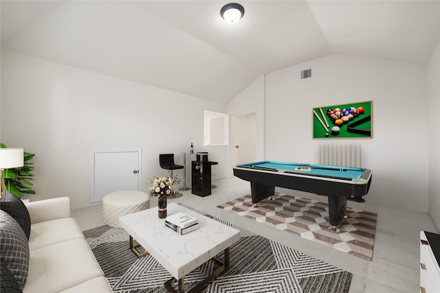 playroom with vaulted ceiling, light carpet, pool table, and radiator heating unit