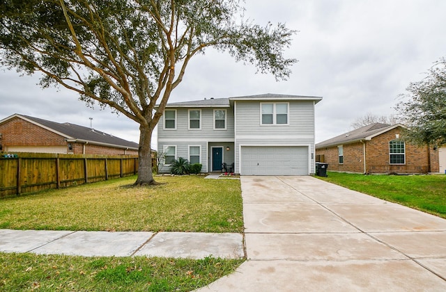 front facade with a garage and a front lawn