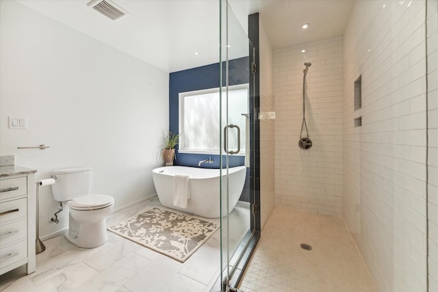 full bathroom featuring separate shower and tub, vanity, and toilet