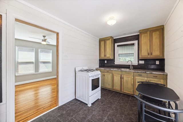 kitchen featuring a healthy amount of sunlight, ceiling fan, gas range gas stove, and sink