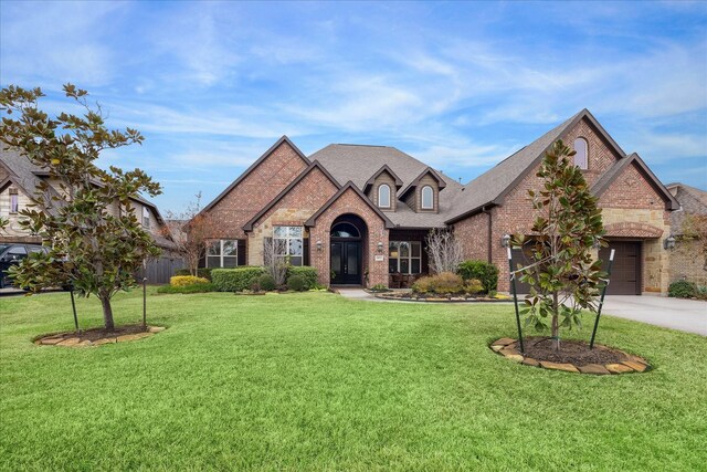 view of front of home featuring a front lawn and a garage