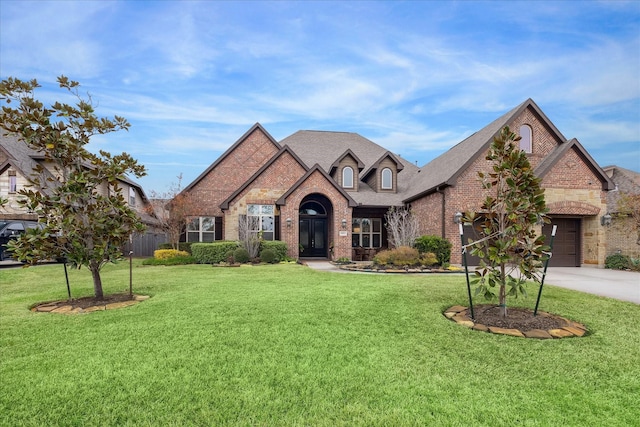 view of front of property featuring a garage and a front lawn