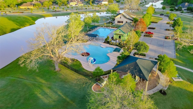 drone / aerial view featuring a water view