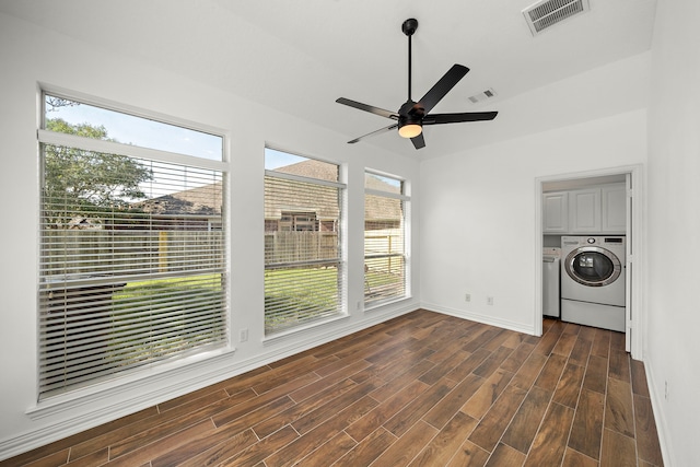 laundry area featuring cabinets, washer / clothes dryer, ceiling fan, and a healthy amount of sunlight