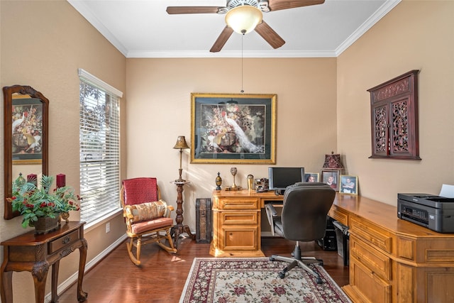 office area with ornamental molding, ceiling fan, dark hardwood / wood-style flooring, and plenty of natural light