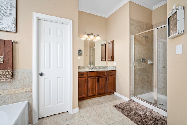 bathroom with shower with separate bathtub, vanity, tile patterned floors, and crown molding