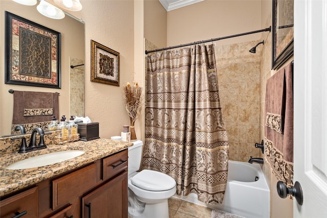 full bathroom with shower / tub combo, tile patterned flooring, toilet, vanity, and ornamental molding