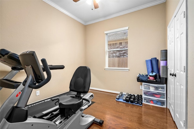 exercise room featuring hardwood / wood-style flooring, ceiling fan, and crown molding