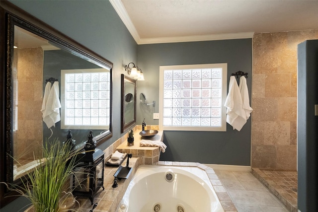 bathroom featuring tiled tub, crown molding, tile patterned flooring, and vanity