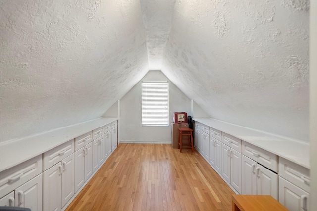 additional living space featuring a textured ceiling, light hardwood / wood-style flooring, and vaulted ceiling