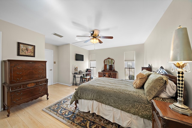 bedroom featuring ceiling fan and light wood-type flooring