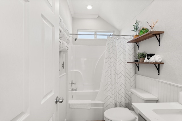 full bathroom with shower / bath combination with curtain, lofted ceiling, toilet, vanity, and ornamental molding