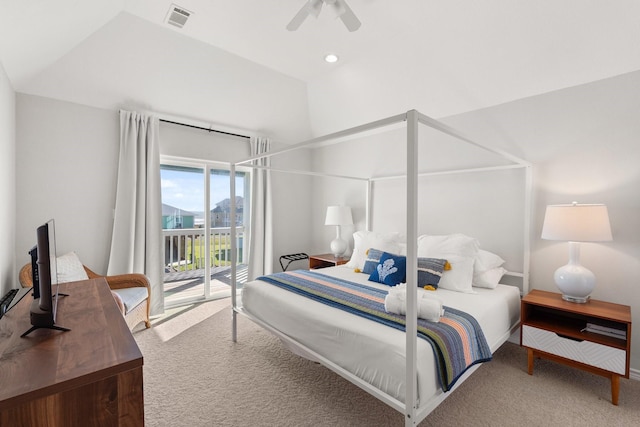 bedroom featuring ceiling fan, lofted ceiling, carpet floors, and access to outside