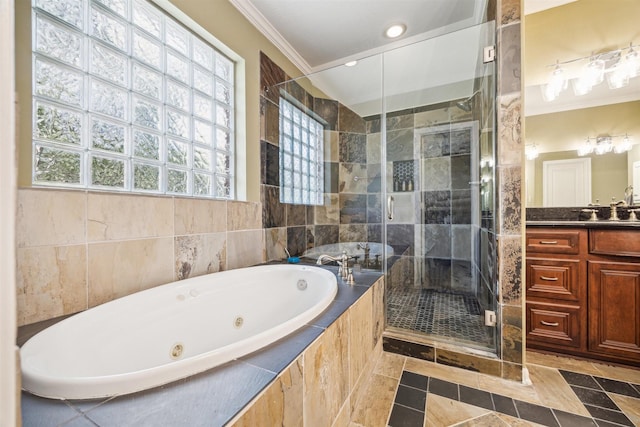 bathroom featuring vanity, separate shower and tub, and crown molding