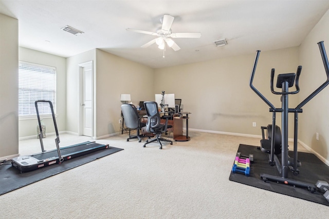 exercise area with carpet and ceiling fan