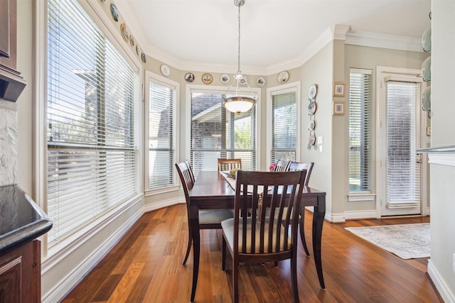 dining room with dark hardwood / wood-style floors, a healthy amount of sunlight, and crown molding