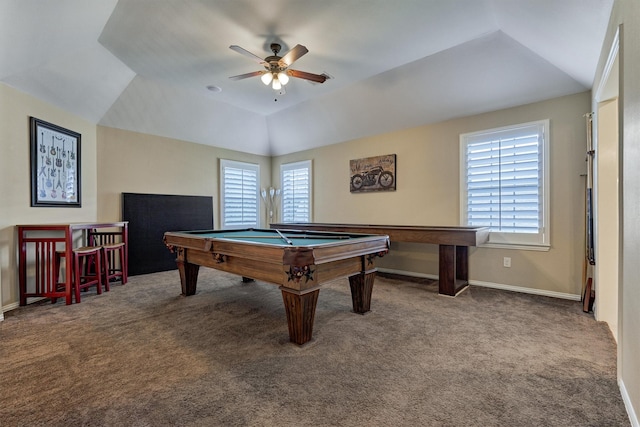 playroom featuring carpet flooring, ceiling fan, pool table, and a tray ceiling