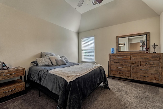 carpeted bedroom with ceiling fan and lofted ceiling