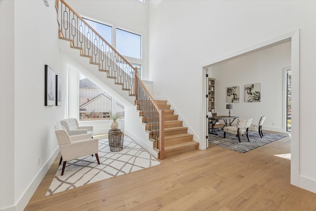 entryway with hardwood / wood-style floors and a high ceiling