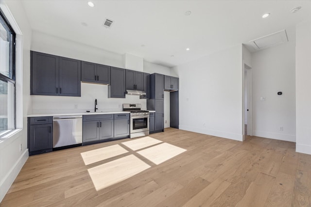 kitchen with plenty of natural light, sink, stainless steel appliances, and light hardwood / wood-style flooring