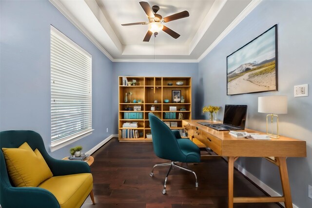 office space featuring ceiling fan, dark wood-type flooring, a wealth of natural light, and a tray ceiling