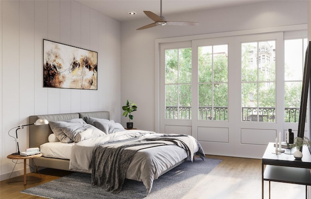 bedroom featuring ceiling fan and wood-type flooring