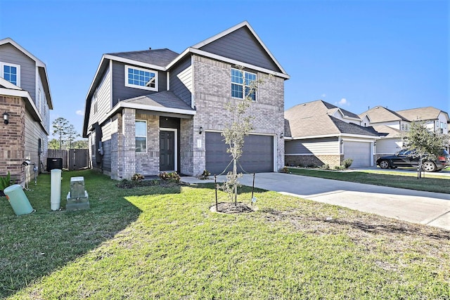 view of front of home with cooling unit, a garage, and a front lawn