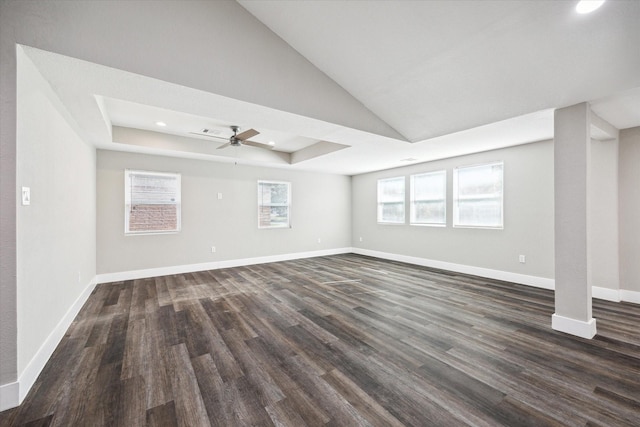 interior space with plenty of natural light, ceiling fan, and dark wood-type flooring