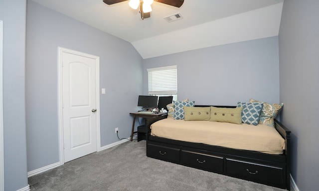 carpeted bedroom featuring ceiling fan and lofted ceiling