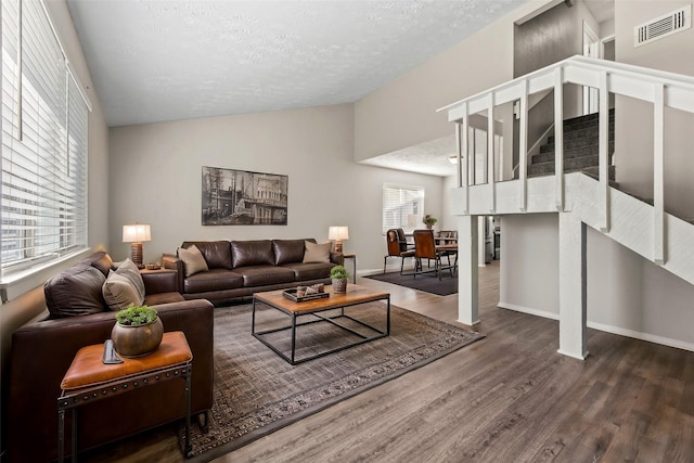 living room with a textured ceiling, a wealth of natural light, dark hardwood / wood-style flooring, and lofted ceiling