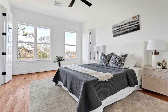 bedroom with hardwood / wood-style flooring and ceiling fan