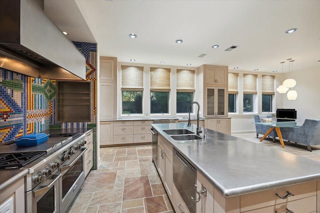 kitchen featuring a center island with sink, stainless steel appliances, exhaust hood, sink, and tasteful backsplash